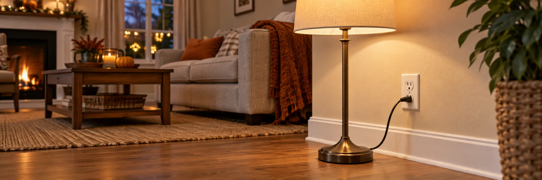 Living room lamp connected safely to a wall outlet in the fall