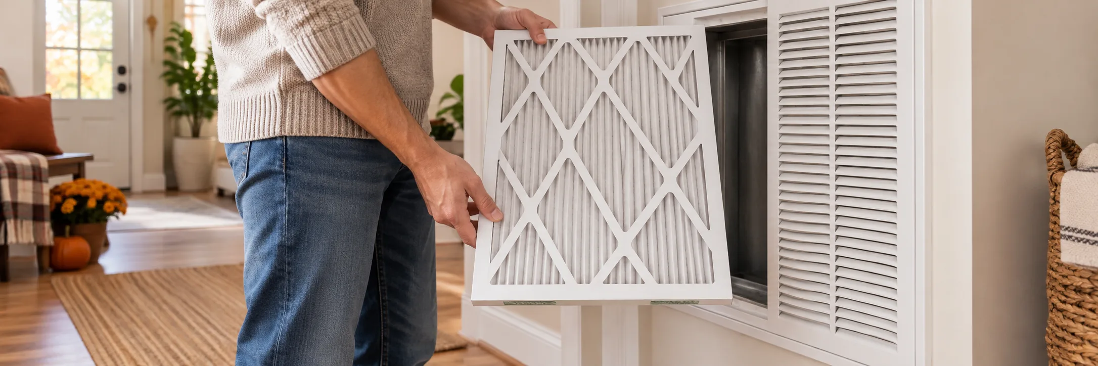 Homeowner holding a clean HVAC filter beside a return grille