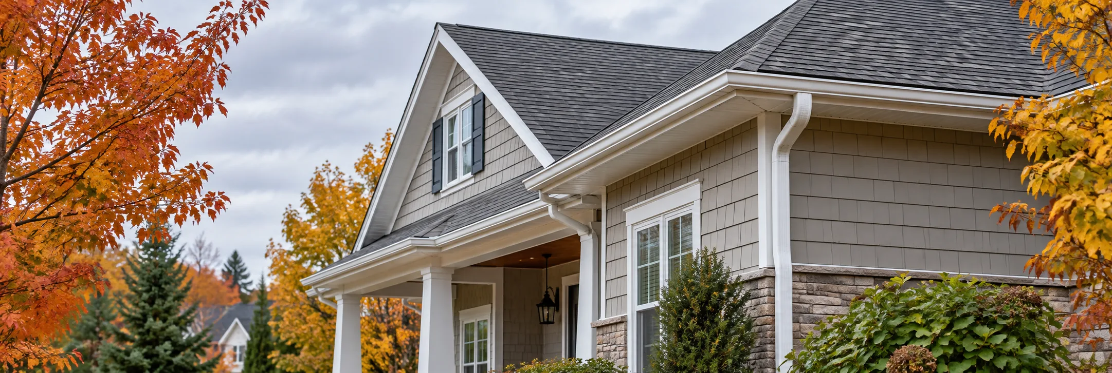 Clean roofline and gutters on a house surrounded by autumn trees
