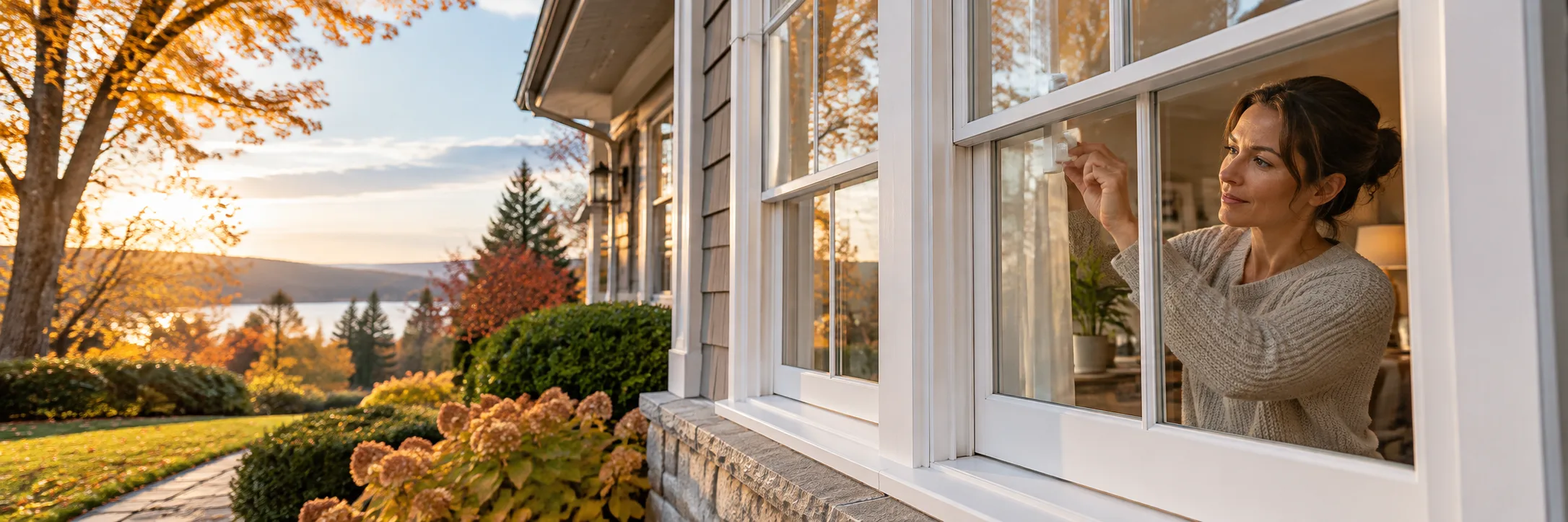 Homeowner checking a white-framed window on a sunny fall day