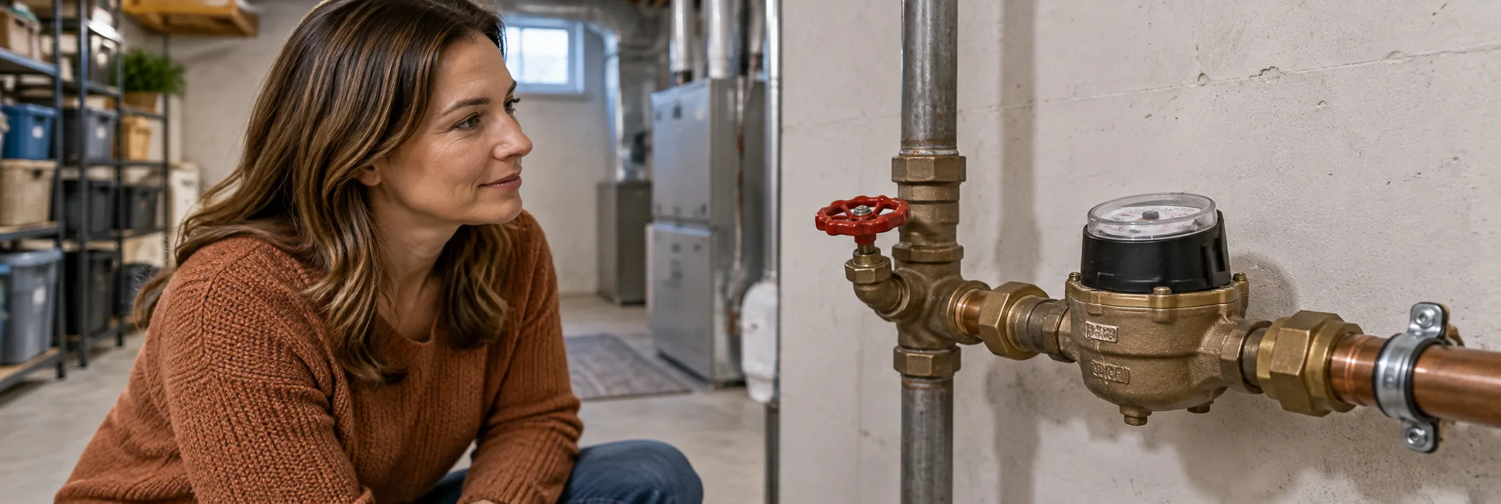 Main water shutoff valve and meter in a clean home utility area