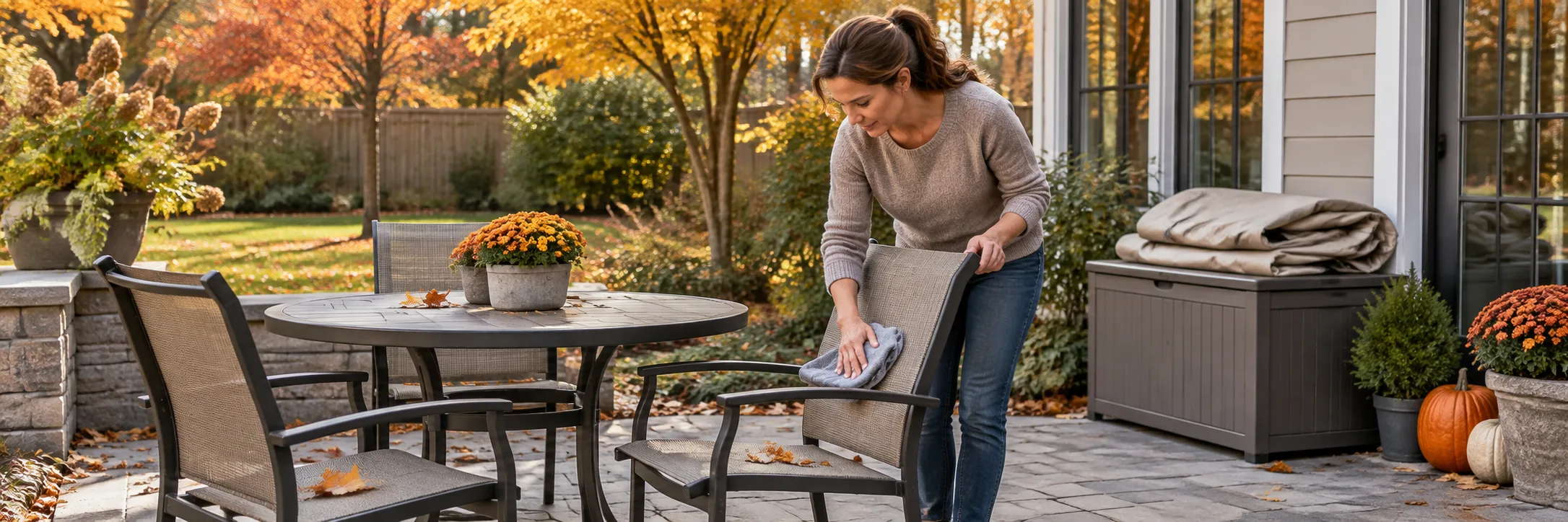 Homeowner cleaning patio furniture in a tidy autumn backyard